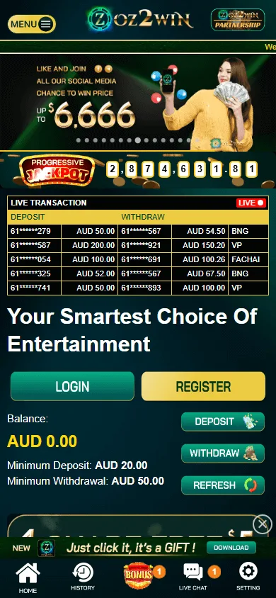 Oz2win Casino mobile browser interface on a smartphone