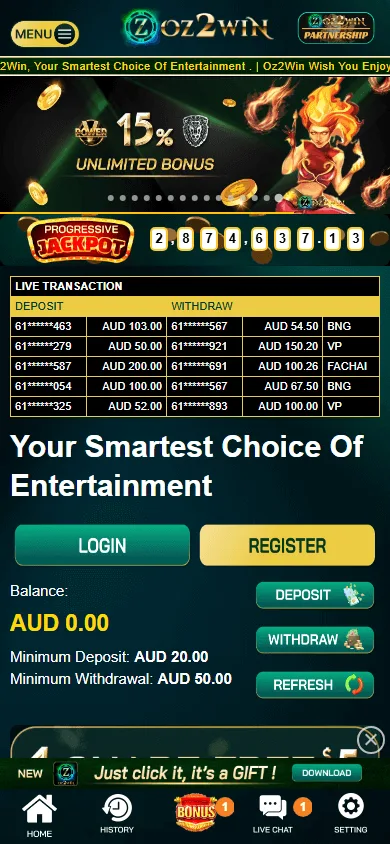 Oz2win Casino mobile game interface with casino titles