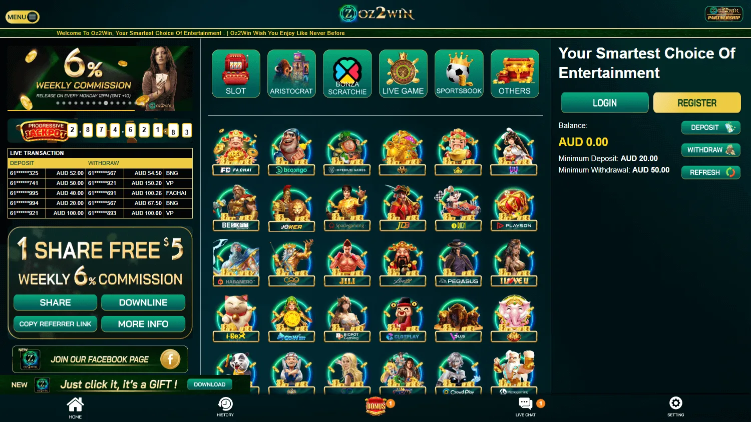 Oz2win Casino desktop games interface with pokies and casino game categories