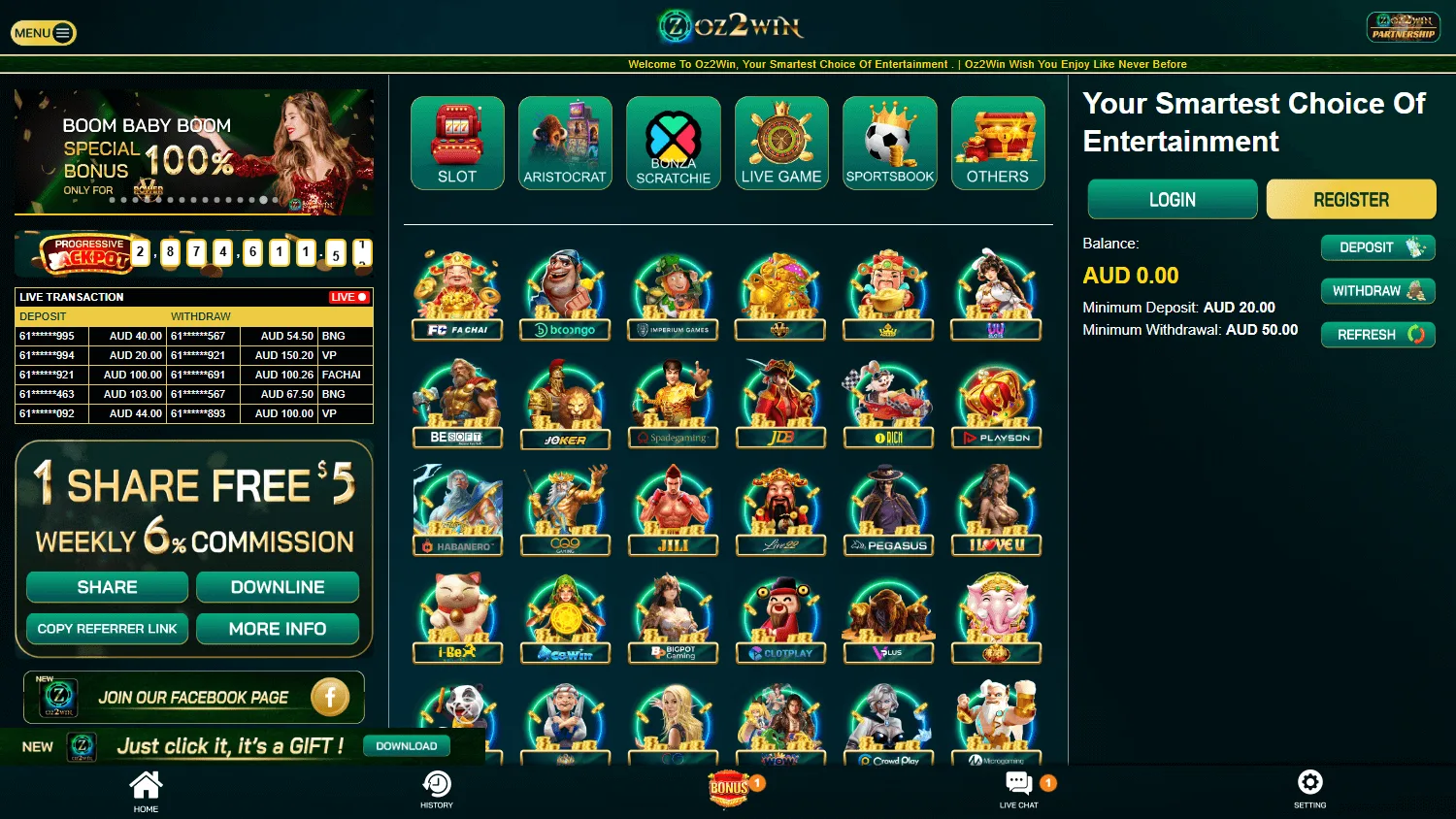Oz2win Casino desktop home interface with casino offers and game categories