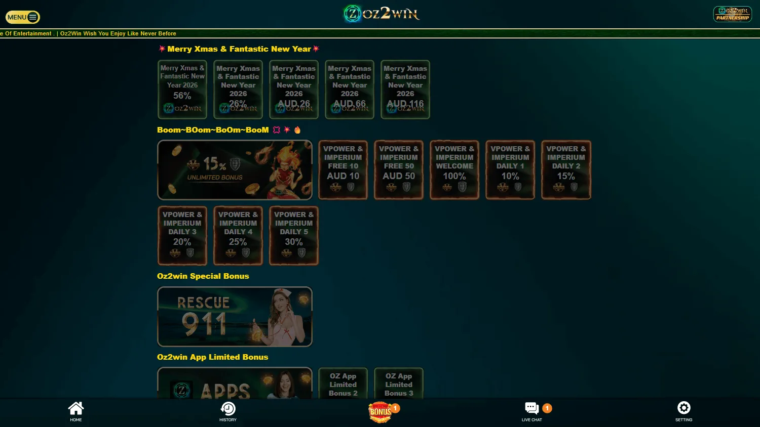 Oz2win Casino promotions interface with available bonus categories